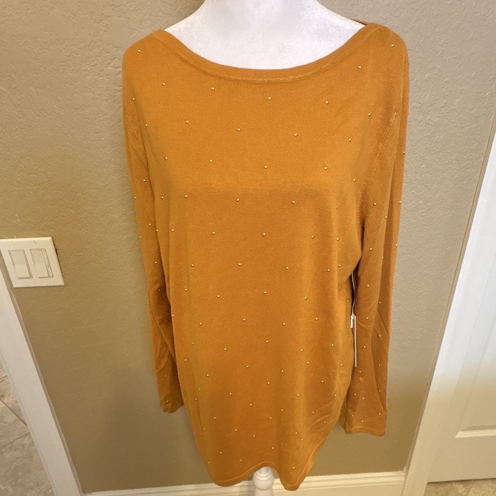 Chico's Women's Mustard Yellow Studded Knit Pullover Sweater, Boat Neck, Size 2